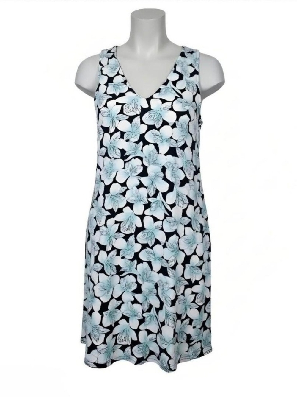 GAP Black Floral V-Neck Mini Dress with Light Blue Blooms